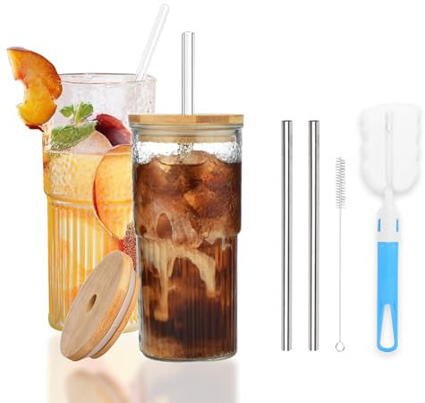 Glass Cups with Lids and Straws, Glass Tumbler with Straw and Lid, Mason Jar Drinking Glasses 600ml Iced Coffee Glasses Cup,Water, Cocktail, Whiskey, Soda (2 Pack 22oz)