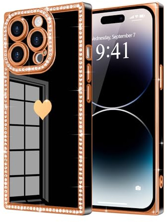 Urarssa for iPhone 14 Pro Case, Rectangle Bling Sparkly Diamond Glitter Phone Case for Women Girls with Cute Heart Pattern Camera Lens Protection Slim TPU Bumper Shockproof Plating Cover, Black