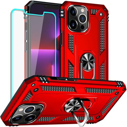Yiakeng for iPhone 13 Pro Case with Screen Protector: Military Grade Protective Cases with Ring Holder Kickstand for - iPhone 13 Pro (Red)