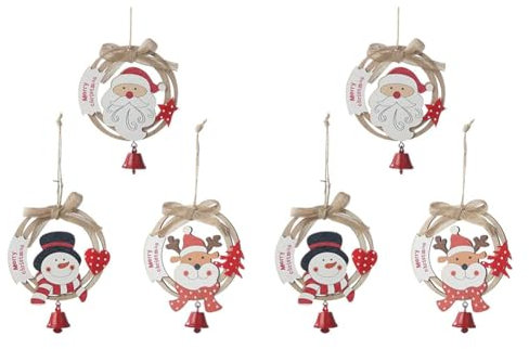 Louttary 6 Stück Weihnachtsglocken zum Aufhängen, Holzring zum Aufhängen, Christbaumschmuck Aus, Weihnachtsbaumschmuck, Anhänger, Girlande, Schleife, Glocken, Holzring zum Aufhängen, 11,9 cm