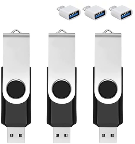Lot de 3 clés USB 64 Go avec adaptateur de type C et boîte de stockage, clé USB 2.0 Flash Drive, clé USB 2.0 rotative à 360° pour téléphone portable, tablette, PC, ordinateur portable, Android, noir