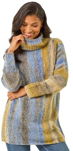 Roman Originals Roll Neck Chunky Knit Jumper for Women UK - Ladies Everyday Holiday Autumn Winter Pull-On Long Sleeves Comfy Cozy Soft Evening Vacation Work Party - Blue Stripe - Size 16