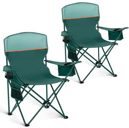 HIGH POINT SPORTS Lot de 2 Chaise de Camping Pliante avec Sac Isotherme, Sac de Rangement, Chaise de Pêche Pliable jusqu'à 120 kg, Chaise de Camping d'Extérieur avec Porte-gobelets, Vert