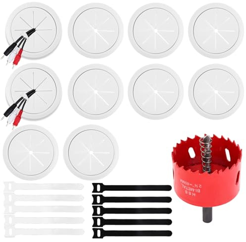 10 Stück Kabeldurchführung mit Lochsäge 60mm,Kabeldurchführung Schreibtisch mit 10 Kabelbinder für Tisch Büro Arbeitsplatten,Kabeldurchlass Schreibtisch (Weiß)