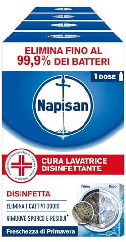 Napisan Cura Lavatrice Disinfettante Pulizia Lavatrice Freschezza di Primavera Elimina Cattivi Odori Rimuove Sporco e Residui di Sapone Disinfetta Agisce su Tubi Oblò Cestello - 4 Confezioni da 1 Dose