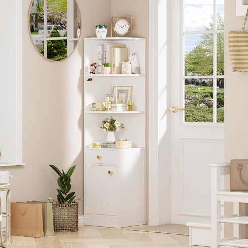 Lvhcmfohm Bücherregal Weiß, Modernes Eckregal Stehend mit Aufbewahrung, 3 Offene Regale Eck-Bücherschrank mit 1 Schublade und 1 Schrank mit Türen, Aufbewahrungsregal für Eckraum, 38x38x161cm, Weiß