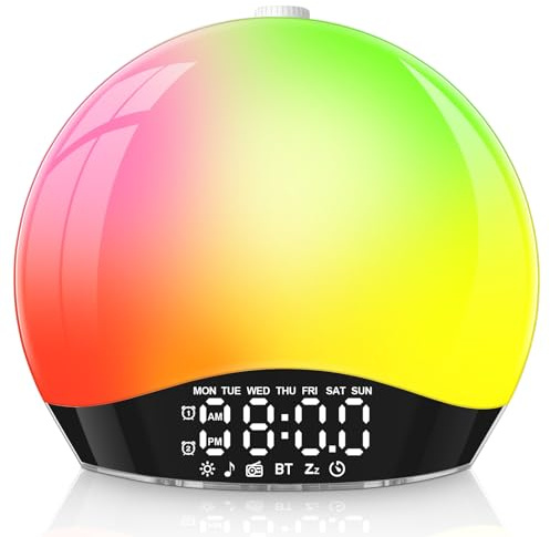 Bawoo Tageslichtwecker Lichtwecker Sonnenaufgang Sonnenuntergang mit Bluetooth Wecker Wake Up Schlummerfunktion Radio FM für Erwachsene & Kinder (Schwarzer K2)