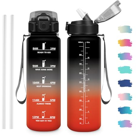 JAPORIA Gourde 1L, Gourde Motivation avec Marqueur de Temps, Bouteille d'eau avec Paille, Bouteille sans BPA pour Yoga, l'école, Camping, Bureau