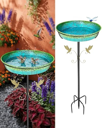 35 Metal Bird Bath for Outside Standing Metal Bird Bath Stake in Ground Iridescent Blue Green Birdbath with Scientifically Designed Color Lure for Birds 12 Detachable Bowl for Garden Patio Yard