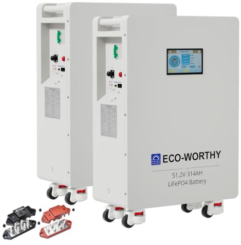 ECO-WORTHY 48V 314Ah V1 (2-Pack) LiFePO4 Battery for Home Backup | 32.2kWh Capacity.Floor-standing with wheels.200A PACE BMS with Dual 125A Circuit Breakers. CAN/RS232 for inverter comms.