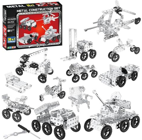 QiLumier Juego de construcción de Metal con 294 componentes, 30 Modelos de Rompecabezas de Metal 3D, Juguete de construcción como Regalo