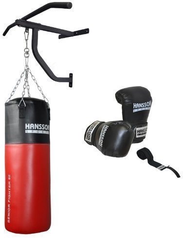 Hansson.Sports Boxsack Sandsack gefüllt 25KG 80cm m. Wandhalter & Klimmzug Boxhandschuhe 12OZ Bandage