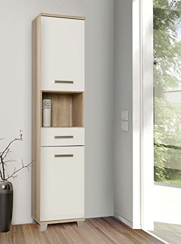 FORTE Veris Seitenschrank mit 2 Türen und 1 Schublade, Holzwerkstoff, Sonoma Eiche kombiniert mit Weiß Hochglanz, 40,2 x 186,82 x 34,8 cm