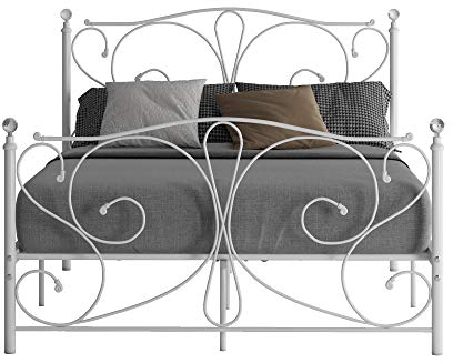 WEIBO 4FT6 Luxury Designed Double Metal Bed Frame with Crystal Finials White Iron Bedstead for Kids Adult Bedroom
