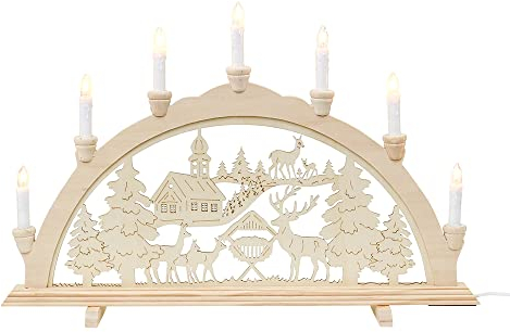 Dekohelden24 7-flammiger Schwibbogen, Motiv: Waldkirche mit Rehe, L/B/H ca. 58 x 4 x 38 cm, Winterdorf, 38 cm