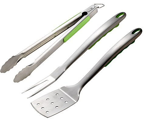 tepro Grillzubehör Grillbesteck 3-teilig besttehend aus Zange, Gabel, Wender mit Kunststoffgriff aus Edelstahl