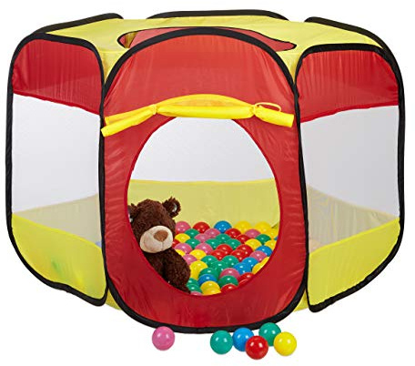 Relaxdays Piscina Bolas Plegable con 100 Pelotas, Tienda Pop Up para Niños, Poliéster, 70 x 85 x 100 cm, Rojo-Amarillo, color (10022471)