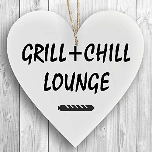 Herzschild Holzherz Holzschild 16 x 16 cm Grill und Chill Lounge weiß Dekoschild Wandschild Schild Holz Garten Grillen Grillschild
