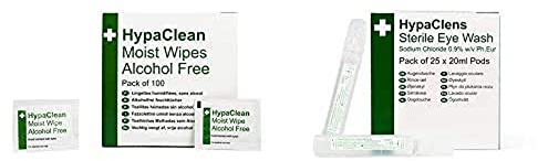 Safety First Aid Group HypaClean Moist Wipes, Alcohol Free (Pack of 100) with HypaClens Sterile Eye Wash Pods, (Pack of 25)