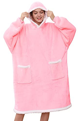 Tuopuda Sweat à Capuche Femme Homme Pull Couverture Polaire Plaid Hoodie Sherpa Robes de Chambre Hiver Peignoir Chaud Unisexe Sweatshirt Idée Cadeau Noël, Rose