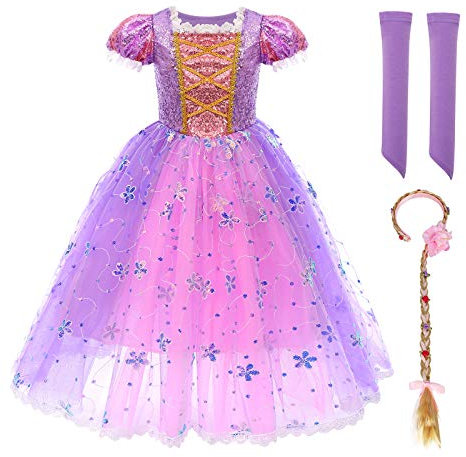 IBTOM CASTLE Disfraz de princesa Rapunzel, vestido largo para fiestas, cosplay, disfraz festivo, carnaval, vestido de fiesta maxi vestido de fiesta de cumpleaños, color lila 01 7-8 años