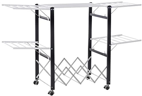 HOMCOM Tendederos Plegables Tendedero Vertical de Aluminio con Ruedas 4 Alas Laterales y Estante para Zapatos para Interior y Exterior 157,5x54x101 cm Blanco