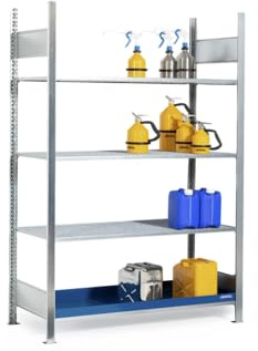 Regal Grundfeld für Gefahrstoffe, 1360 mm x 2000 mm x 437 mm, Silber/blau, zur Lagerung von Kleingebinde, 4 Ebenen, mit Auffangwanne aus Stahl und 3 Gitterroste