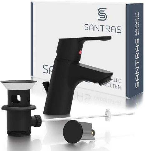 SANTRAS® Waschtischarmatur für das Bad mit Zugstange in Matt Schwarz – Einhebel-Mischarmatur warm kalt für ein Loch Waschbecken Wasserhahn MADE IN GERMANY