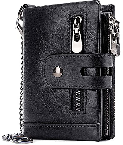 FORRICA Portefeuille Homme Cuir Véritable Porte Monnaie avec Chaine Blocage RFID Porte Cartes Fermeture Eclair Poche à Monnaie Vachette Porte-Monnaie Noir A