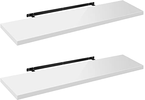 WOLTU Wandregal Volato Set von 2 Regalen Wandboard freischwebend Schweberegal CD DVD Regal Bücherregal Holz Board 110x22,9x3,8cm Hochglänzend Weiß RG9483ws-2