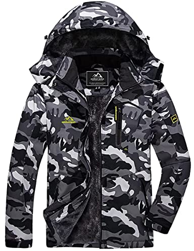 KEFITEVD Veste de Ski Imperméable Chaude pour Hommes Vestes Polaires pour Sports d'Hiver Manteau avec Capuche Amovible, Camouflage noir, S
