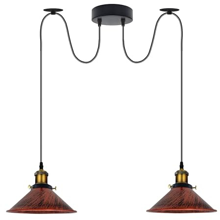 LEDSone Vintage 2-Kopf-Licht Spinnenlampe Pendelleuchte Höhenverstellbarer Metallkegel Lampenschirm Retro Industrieller Deckenleuchter mit E27-Fassung(Gebürstetes Kupfer-1) (Rustikales Rot)