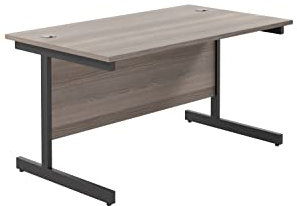 Office Hippo Heavy Duty Rectangular Cantilever Desk, Home Office Table + Integrated Cable Ports, PC Desk For Office or Home, 5 Yr Wty - Black Frame/Grey Oak Top, 140cm x 80cm