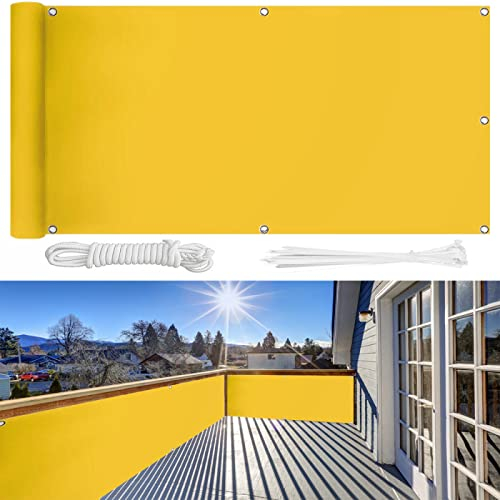 Ariyalk Balkon Sichtschutz 85×1900cm Ohne Bohren, 100% Schutz der Privatsphäre,Blickdichte Balkonumspannung Windschutz UV-Schutz Gartenzaun Schwimmbad-Leitplanke,mit Ösen Kabelbinder und Kordel/Gelb