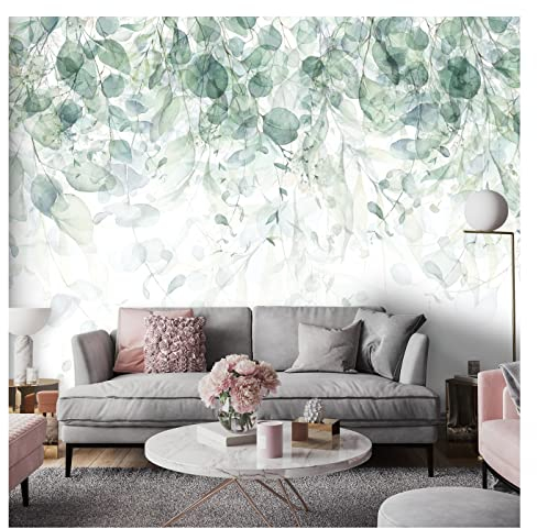 Fototapete Blätter Pflanzen Pastell Laub wie gemalt grüne Natur Aqurarell Wohnzimmer Schlafzimmer Flur Motivtapeten Vlies Tapete UV-Beständig Inklusive Kleister Montagefertig (400x280 cm - 4 Bahnen)