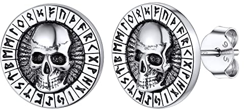 Clou Oreille Runes Runiques Argent 925 Homme Bijoux Oreille Tête de Mort Plaque Ronde Viking Boucle d'oreilles Femme Cadeau Petit Ami Bijoux Enfant Fille Garcon