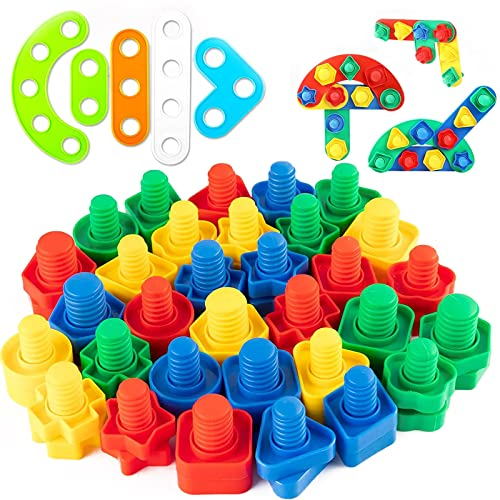 Taekooki Schrauben und Muttern Spiel, Buntes Schrauben- Spiel 32-TLG, mit 10 Befestigungsplatten, für Busy Board Formen Sortieren Stapeln pädagogisch frühe Entwicklung & Aktivität Spielzeug