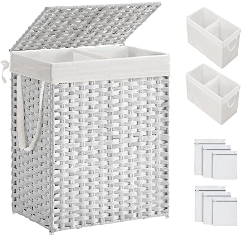 SONGMICS Cesto portabiancheria con coperchio, cesto per biancheria da 90 l, con 2 sacchetti rimovibili e 6 sacchetti in rete, cesto portabiancheria in vimini, doppio cesto portabiancheria per bagno,