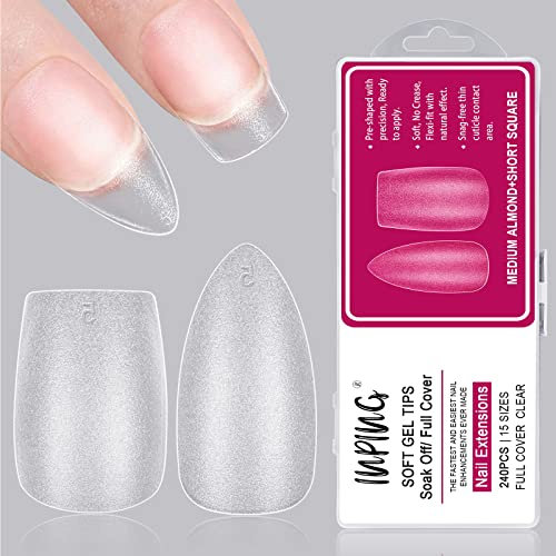INPING Soft Gel Full Cover Nail Tips, 240PCS No File Tips, Mix Style(Short Square + Medium Almond) Full Matte Gel Tips for Nail Extensions Break Resistant False Nail Tips with Box, 15 SIZE