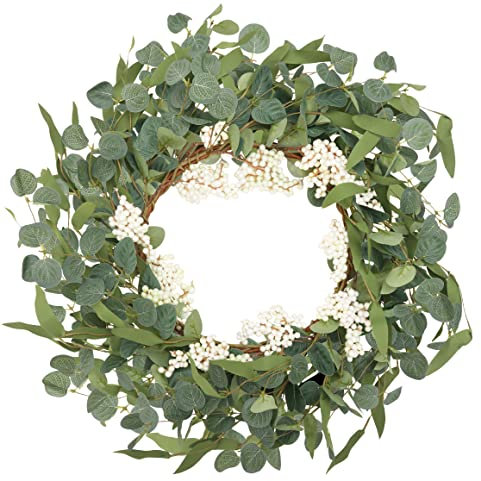 CiCiwind 19'' Artificial Eucalyptus Wreath for Front Door Spring Wreath with White Berries Green Leaf Wreath for Farmhouse Window Front Patio Garden Decoration