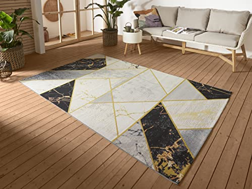 Hanse Home Noble In- & Outdoor Teppich – Flachgewebe Skandi Marmor Optik Geometrisches Muster, ÖKO-TEX Wetterfest & UV-beständig für Wohnzimmer, Balkon, Terrasse, Garten – Schwarz Grau Gold, 160x235cm