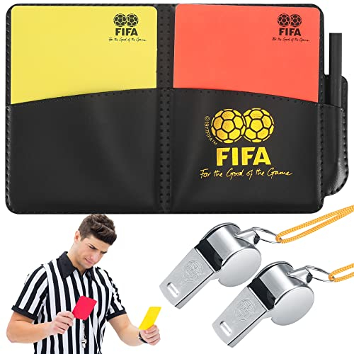 Referee Cards Set, Football Referee Red and Yellow Cards with Metal Coaches Whistle with Lanyard, Wallet Score Sheets, Pencil Accessories, for Sports, Football, Soccer, Basketball Game, Referee Set