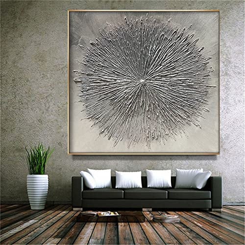 Ölbilder Auf Leinwand Handgemalt,Moderne Abstrakte Kunst Acrylmalerei 100% Handbemalt Grau Strukturierte Strahlen Kunstwerk Extra Große Wandkunst Rahmenlose Coole Gemälde Wohnkultur Für Wohnzimme