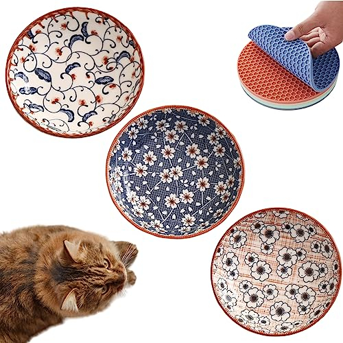 3 PCS Cat Food Bowls Whisker Fatigue Kitten Bowl 5.5 Inches Ceramic Cats Bowl Small Cat Dishes for Indoor Cats Shallow Kitten Plates for Wet Food Cute Pet Bowls Whisker Friendly