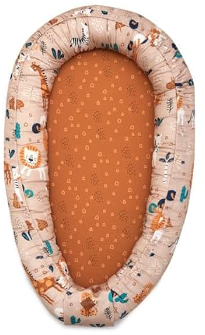 Fun with Mum Multifunktionale Babynestchen Antiallergisch Silikonfüllung Kuschelnest Babynest Kokon für Babys und Säuglinge Nestchen Reisebett 90x55 cm 100% Baumwolle - Safari