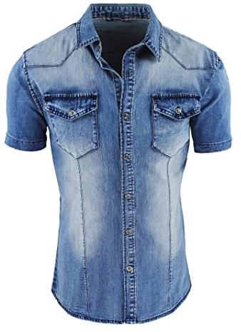 Evoga Camicia Jeans Uomo Casual a Manica Corta Slim Fit Denim Shirt (L, Denim Blu)