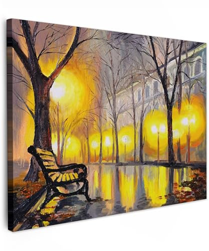 MuchoWow© Bilder 80x60 cm Wohnzimmer Deko Modern Wandbild Foto auf Leinwand Bild Schlafzimmer Room Decor Geschenke Kunstdruck - Gemälde - Bank - Wasser - Licht - Ölgemälde
