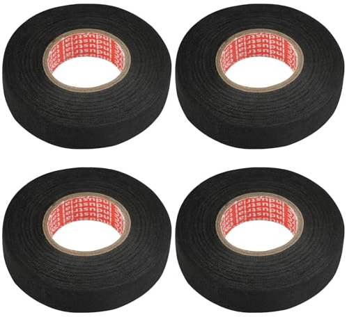 4 Rotolinastro Nastro Isolante in Tessuto, 19 mm x 12 m Nastro Telato Nero, Nastro Adesivo Telato Nero Resistente al Calore, Nero Nastro per Cablaggio Automobilistico Rumore, per Auto, Moto e Cavi