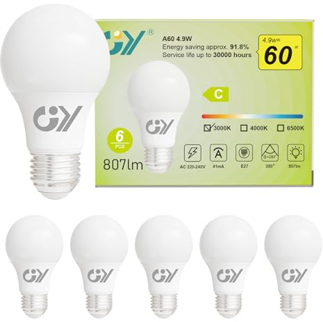 GY E27 Led Warmweiss Glühbirne, 4.9W 807LM Energiesparlampe, Ersetzt 60W Halogenlampen, Energieeffizienzklasse C, A60 Led Warmweiß, Abstrahlwinkel 280°Leuchtmittel, Nicht Dimmbar, 6 Stück