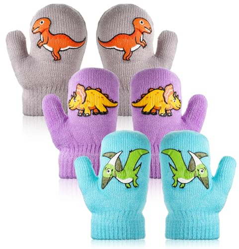 EBOOT 3 Paar Kleinkind Dinosaurier Kinder Handschuhe Winter Gestrickte Kinderhandschuhe Warme Skihandschuhe Unisex Baby Handschuhe für 1 bis 4 Jahre (Süß, Hellgrau, Lila, Hellgrün)
